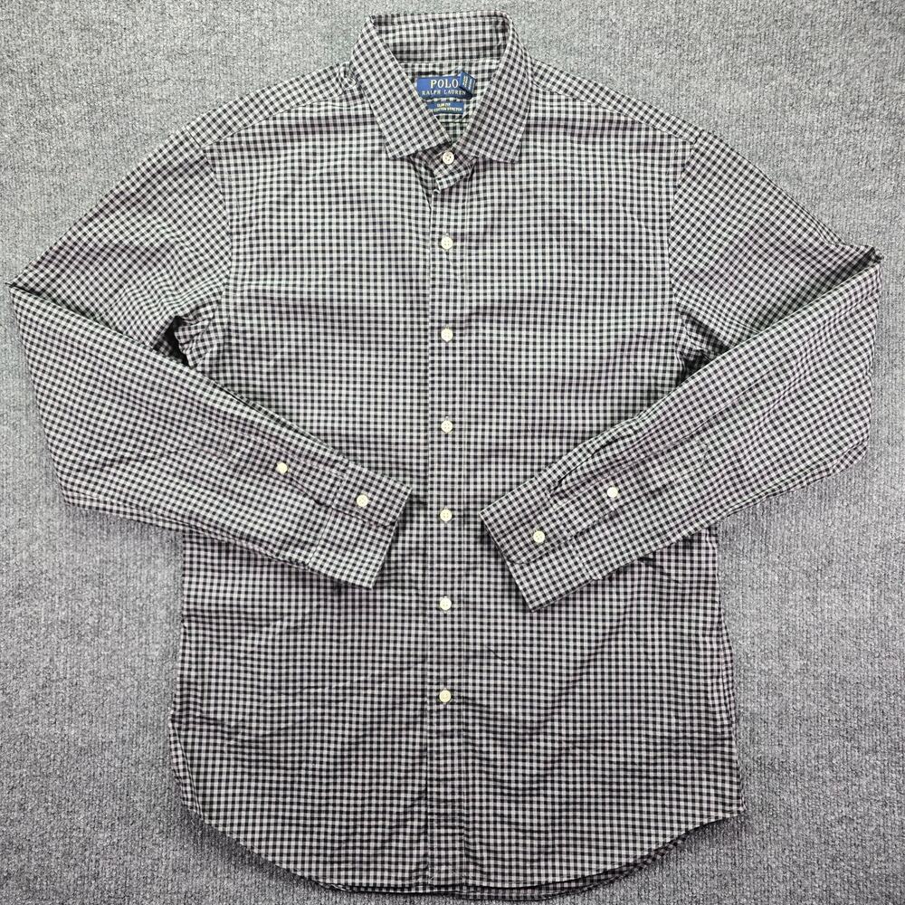 Polo Ralph Lauren Shirt Mens Large Slim Fit Black Gingham Check Stretch Office